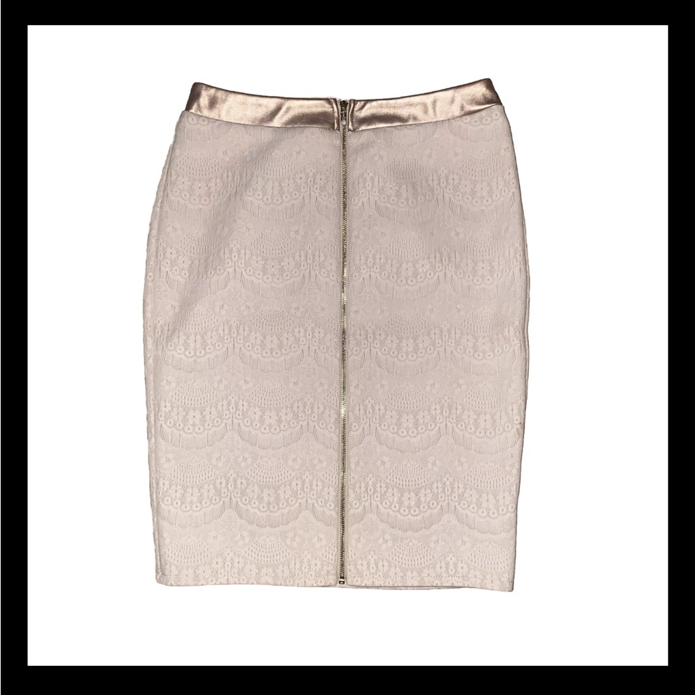 G By GUESS Carine Bonded Lace Front Zipper Cream Pencil Midi Skirt Gold Accent